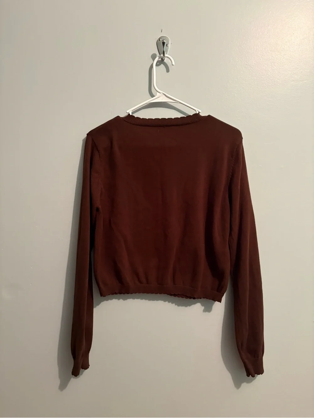 Chocolate Brown Cropped Button-Front Cardigan Scalloped Hem Women’s Size Small - Picture 7 of 8
